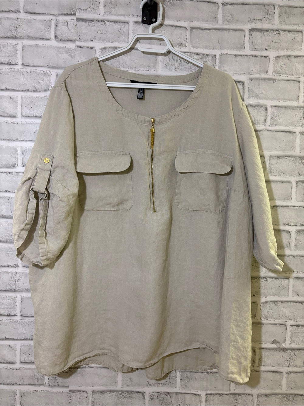 Ellen Tracy Light Beige Half-Zip Pocket Tunic, 100% linen- 3XL